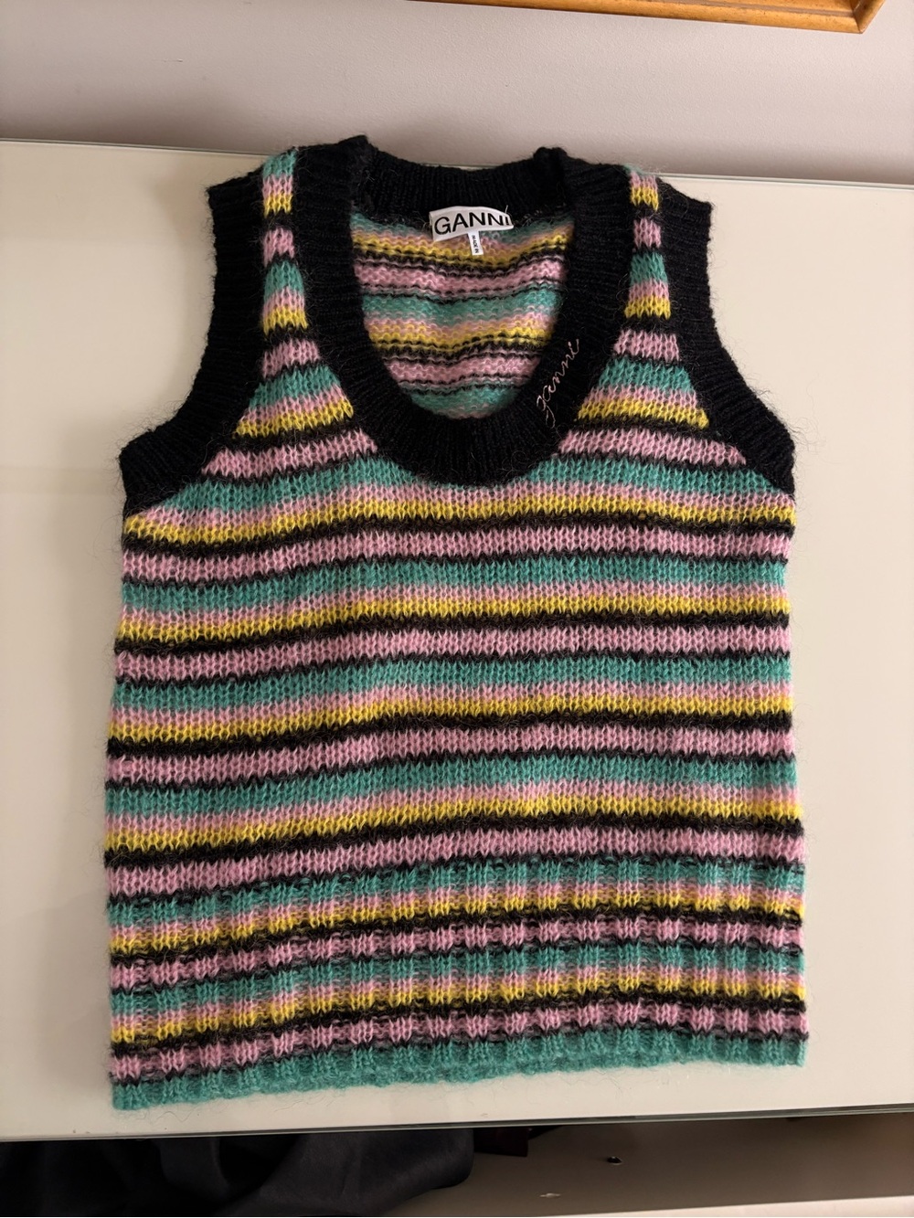 Ganni Striped Knit Sweater Vest in Black, Pink, Yellow & Mint